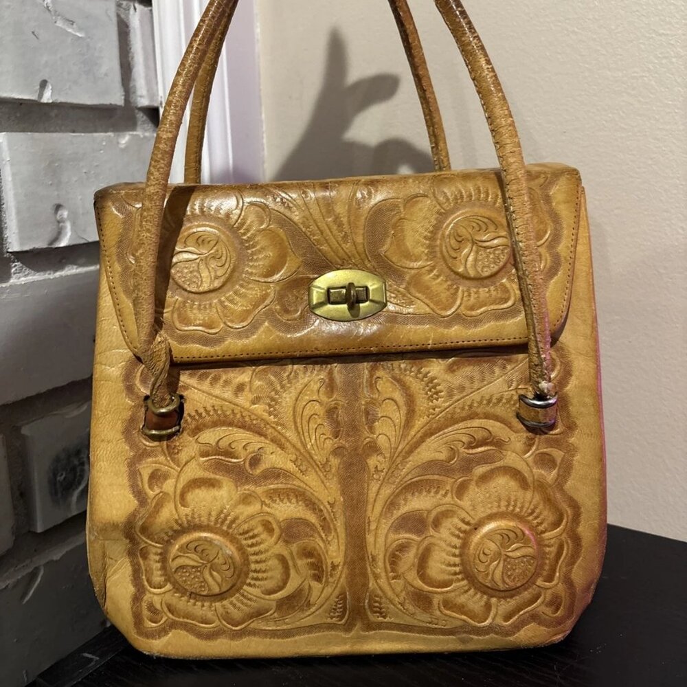 Vintage Leather Satchel Tote Bag 70s Etched Roses Multi Pocketed Made Mexico